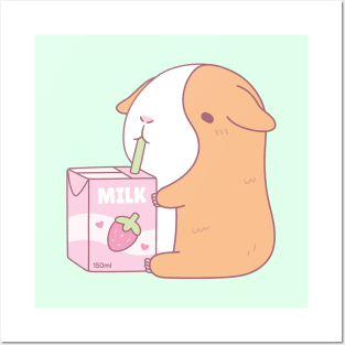 Cute Guinea Pig Drinking Strawberry Milk Posters and Art